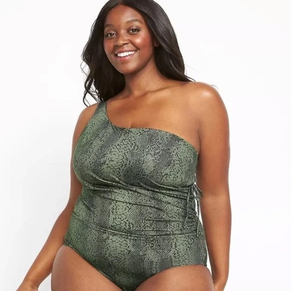 Cacique NWT wireless asymmetrical green python print one piece swim suit - Picture 1 of 11
